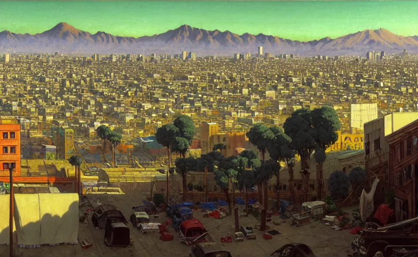 Image similar to ghibli illustrated background of strikingly beautiful skid row, los angeles, california, with strange city skyline is seen in the distance, tents, streets by vasily polenov, eugene von guerard, ivan shishkin, albert edelfelt, john singer sargent, albert bierstadt 4 k, ultra wide