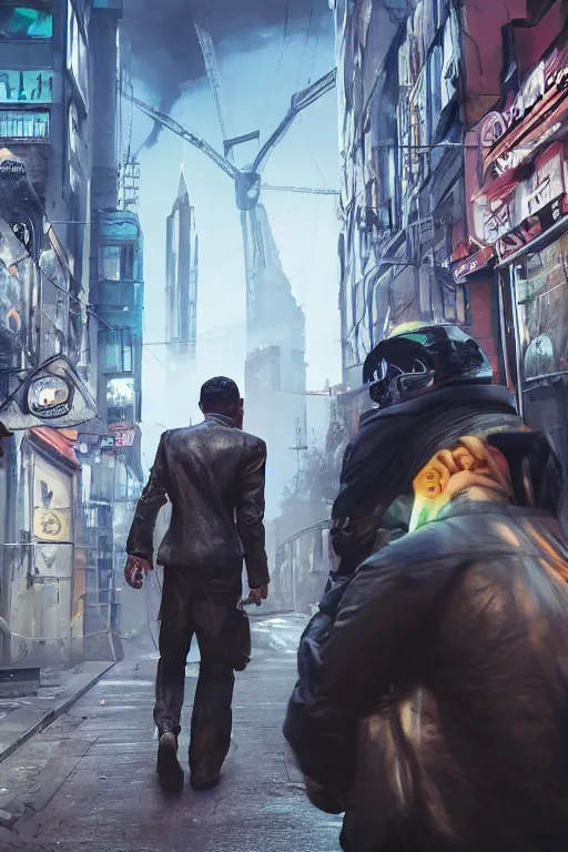 Image similar to in the foreground a Parisian street, in the background a brown man from the back with blue energy wings coming out of his back wearing a long matrix style jacket and starting to fly away, realistic, high definition, great details, dramatic scene, detailed and realistic hands, symmetrical face, realistic eyes, cyberpunk art 2077