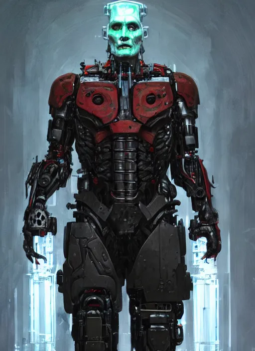 Image similar to johnny depp as victor stone, full body concept, cyborg, borg, strogg, face of a man, terminator, flesh, quake strogg, doom demon, wolfenstein, monstrous, powerful, symmetry, symmetrical, concept art by ruan jia and greg rutkowski