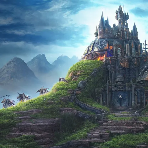 Image similar to large fantasy castle sitting on the top of a giant tortoise, stomping through a harsh wasteland with sharp rays of sunlight, howls moving castle, mortal engines, kaiju, distant - mid - shot, isometric angle, fantasy, hyper detailed, 4 k