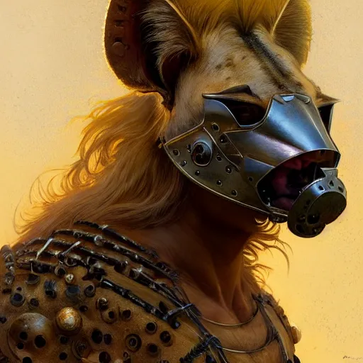 Image similar to a long shot photo of a humanoid hyena were a heroic armour an gold helmet in the forest, long hair, highly detailed, digital painting, artstation, smooth, sharp focus, illustration, art by artgerm and greg rutkowski and alphonse mucha