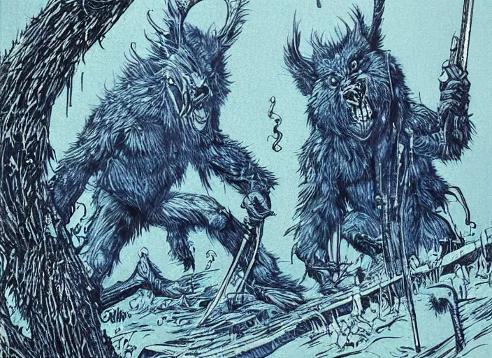 Prompt: blue woodcut print cartoon, bugbear at midnight by greg rutkowski, fine details, highly detailed