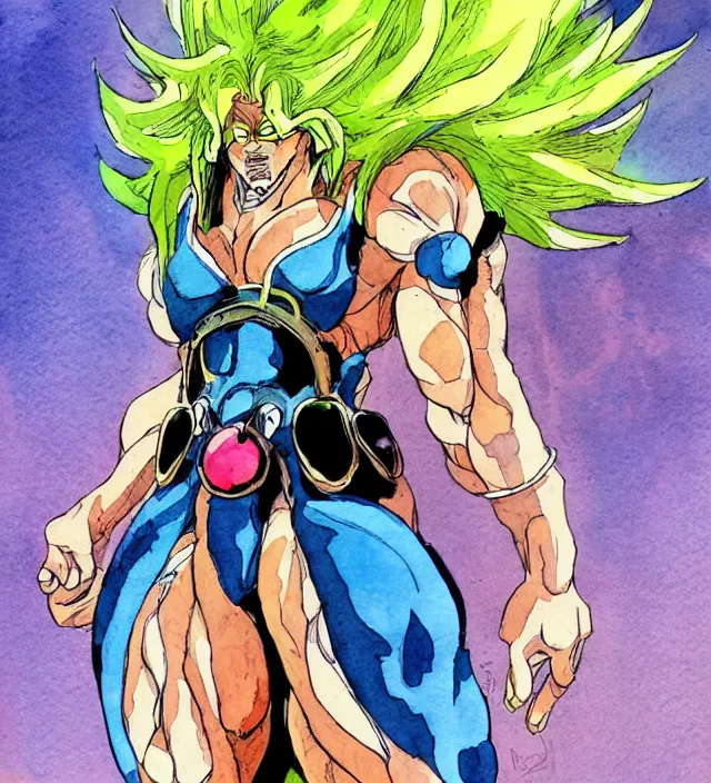 Image similar to a 3 / 4 view watercolor ink painting of broly as a female supervillain in the style of jean giraud in the style of moebius trending on artstation deviantart pinterest detailed realistic hd 8 k high resolution