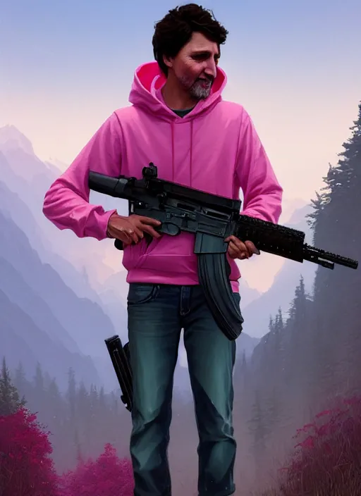 Image similar to highly detailed portrait justin trudeau in pink hoody holding ar - 1 5! in gta v stephen bliss unreal engine fantasy art by greg rutkowski loish rhads ferdinand knab makoto shinkai lois van baarle ilya kuvshinov rossdraws tom bagshaw global illumination radiant light detailed intricate environment