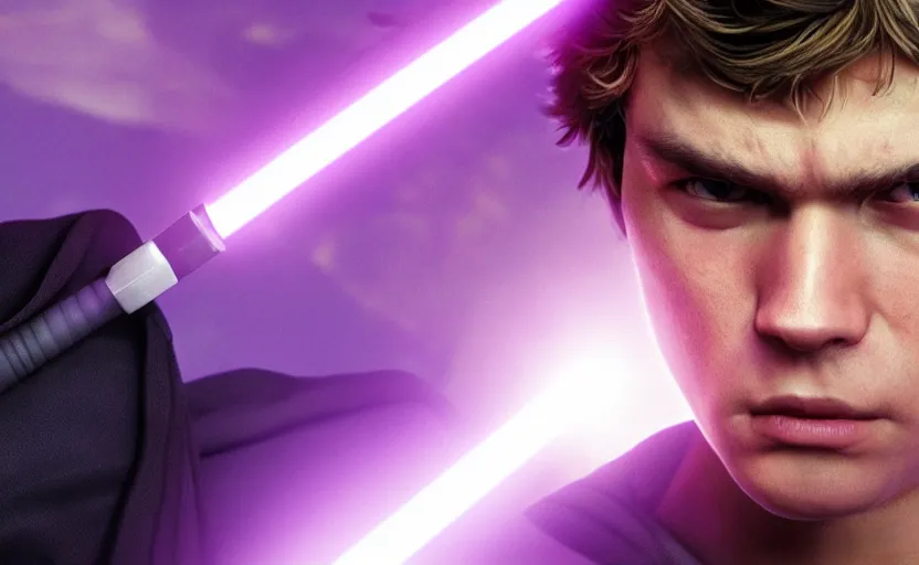 Prompt: a portrait of anakin skywalker looking angrily into the camera wielding a purple lightsaber, detailed, cinematic, raytracing, realistic