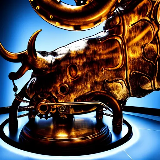 Prompt: a clockwork mechanical bull there are gears sticking out of the bull steam emanates from the bull and thick clouds of steam swirl around the clockwork bull, ultra high detail, high particle effects, highly reflective surface, realistic reflections