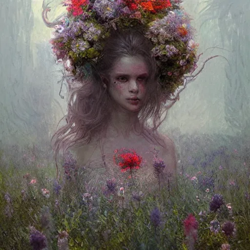 Image similar to a beautiful terrifying monster made of flowers. ethereal horror fantasy art by greg rutkowski and raymond swanland and monet