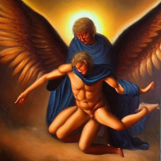 Image similar to A demon being stepped on by an angel, oil painting