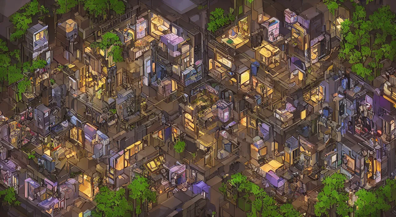 Prompt: cyberpunk treehouse interior, isometric room view