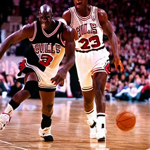 Prompt: michael jordan playing against michael jackson, nba - n 6