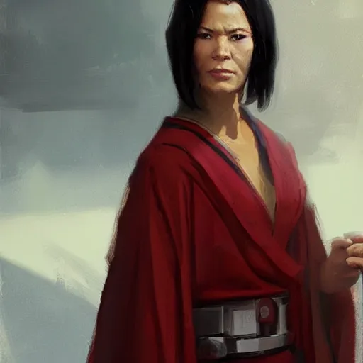 Image similar to portrait of a woman by greg rutkowski, jedi queen, half asian, black bob hair, star wars expanded universe, she is about 5 0 years old, wearing jedi red robes.