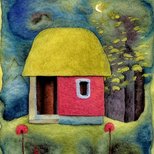 Image similar to small wooden house in the middle of spring forest, bright colours, watercolor, volumetric wool felting, macro photography, children illustration, by giorgio de chirico