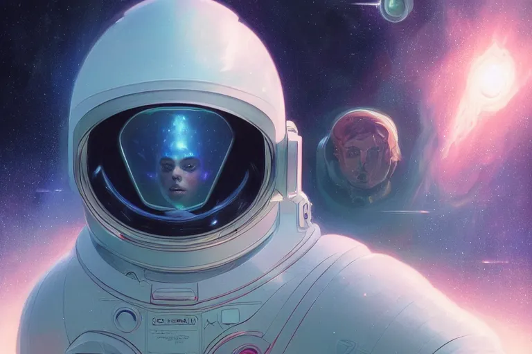 Image similar to Portrait of a Futuristic reflective spacesuit visor mirror spacesuit reflecting a nebula supernova in space, portrait, elegant, intricate, digital painting, artstation, concept art, smooth, sharp focus, illustration, art by artgerm and greg rutkowski and alphonse mucha