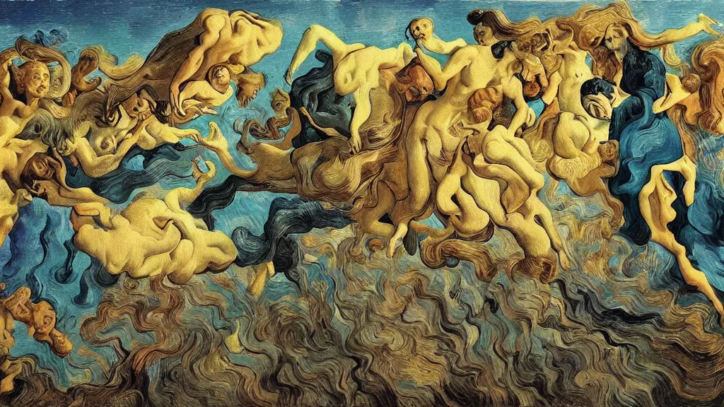 Prompt: psychoautistic scene of a divine moment, 4K, Rococo & Precisionism, colorized, by collaboration of Salvador Dali, Van Gogh and M. C. Escher