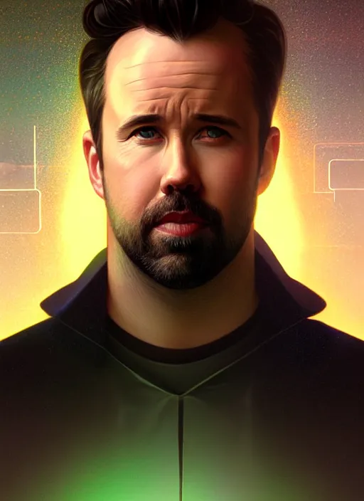 Image similar to symmetry! portrait of rob mcelhenney, sci - fi, tech wear, glowing lights!! intricate, elegant, highly detailed, digital painting, artstation, concept art, smooth, sharp focus, illustration, art by artgerm and greg rutkowski and alphonse mucha