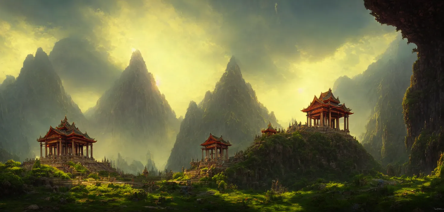 Prompt: large temple on a platform stretching over the mountains, an amazing blooming oasis, cinematic view, epic sky, detailed, concept art, low angle, high detail, warm lighting, volumetric, godrays, vivid, beautiful, trending on artstation, by jordan grimmer, huge scene, grass, art greg rutkowski