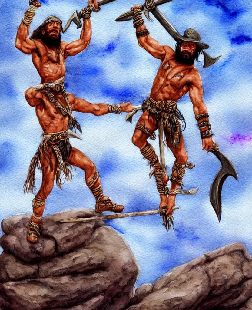 Image similar to randy savage with an anchor weapon slung over his shoulder and foot heroically on a boulder posing in desolate wasteland | fantasy watercolour painting | middle earth | conan | darksun | d & d dungeons and dragons | barbarian