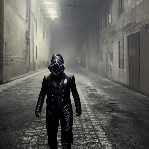 Image similar to hooden villain wearing a kamen rider gas mask, smoke coming out of his body and coat, dark background, in a dark alley, unreal engine 5, ultra realistic, detailed, fog, volumetric lighting, by greg rutkowski,