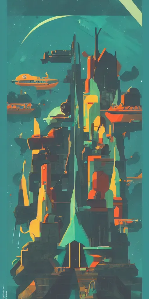 Image similar to no mans sky, dark 2D matte gouache illustration, poster, style of wes anderson