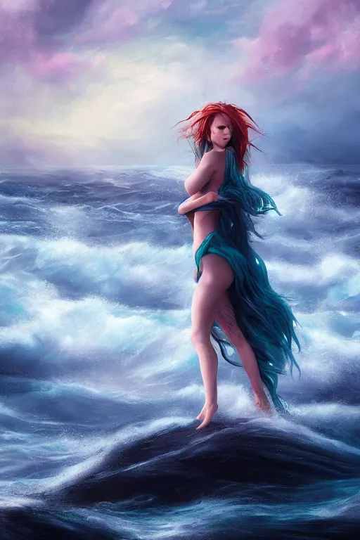 Prompt: a sea witch on a rough ocean with vibrant turbulent skies, photorealistic, by wlop, 4 k resolution