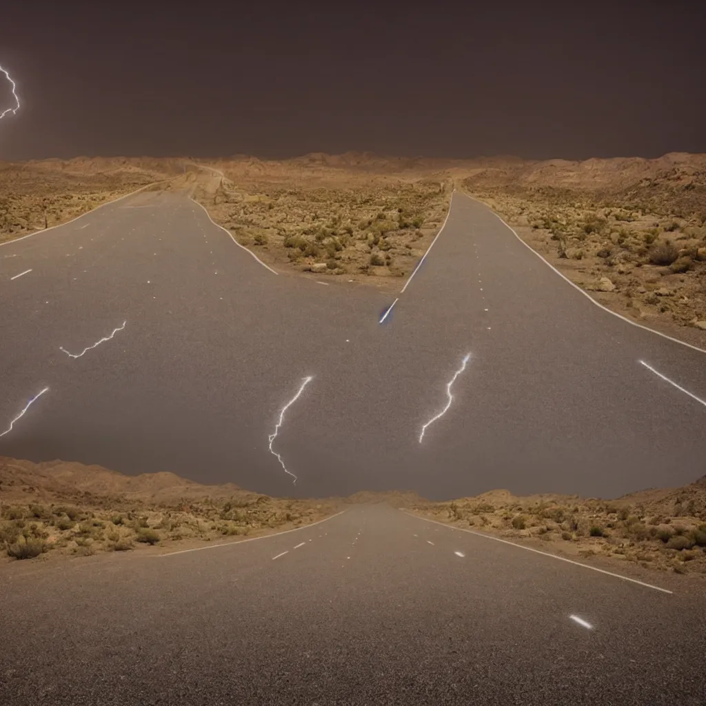 Prompt: road at night desert distant flash of lightning cinematic still