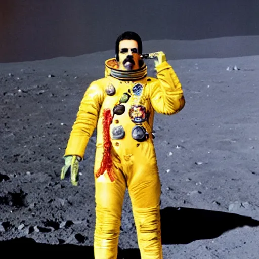 Prompt: color photography of Freddy mercury singing on the moon, wearing yellow military-style cropped coat