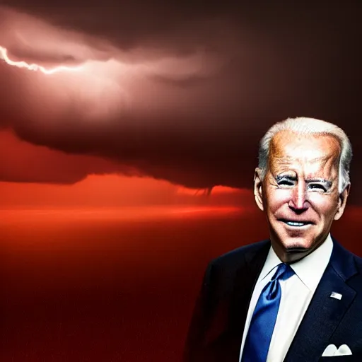 Image similar to ominous portrait of joe biden with glowing eyes, dramatic storm clouds, high contrast