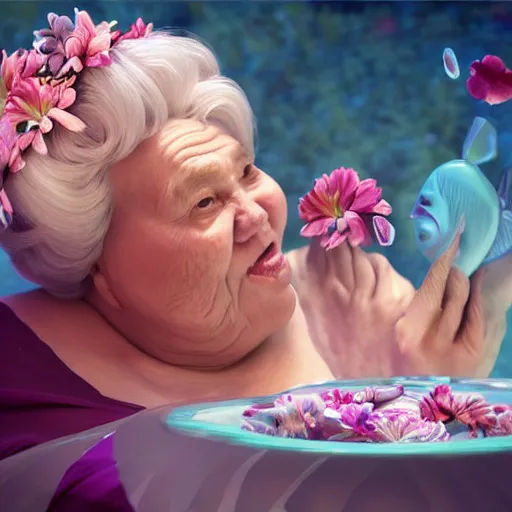 Image similar to of a very beautiful scene. ambient occlusion render. a sweet fat old woman is giving a birth to a huge colorful fish. flowery dress. mirror. symmetrical face, red mouth, blue eyes. deep focus, lovely scene. ambient occlusion render. concept art. unreal engine.