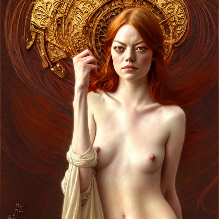 Prompt: ancient queen emma stone, symetrical, diffuse lighting, fantasy, intricate, elegant, highly detailed, lifelike, photorealistic, digital painting, artstation, illustration, concept art, 4 k, smooth, sharp focus, art by john collier and albert aublet and krenz cushart and artem demura and alphonse mucha