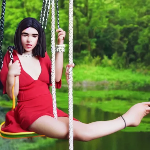 Prompt: dua lipa as nendoroid on the swing as nendoroid by the rural stream as nendoroid, kodak film