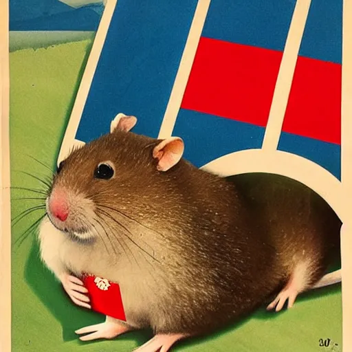 Image similar to yugoslav propaganda poster, a hamster, there is a yugoslav flag waving in the background.