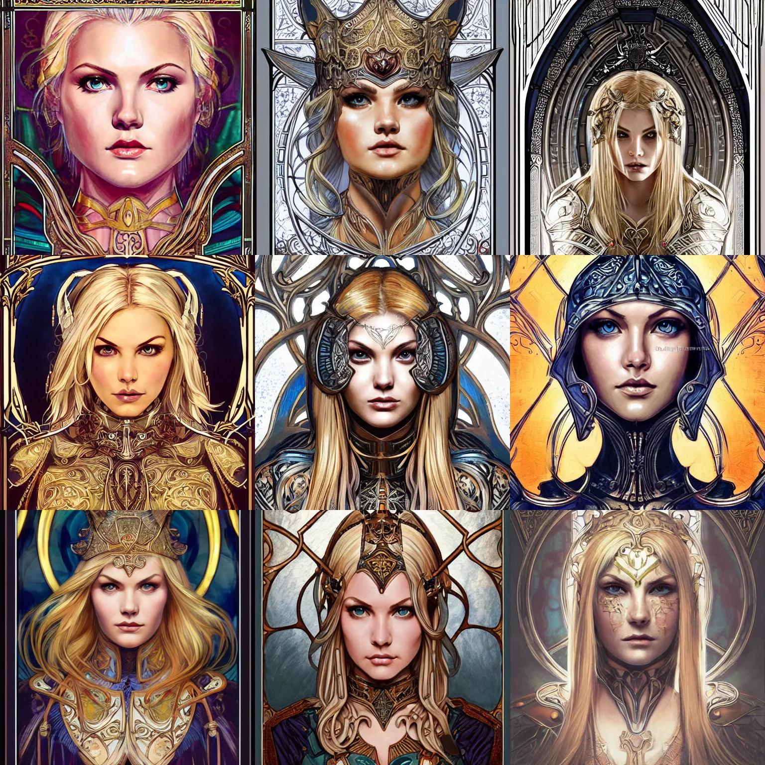 Prompt: head-on symmetrical centered painted portrait, Elisha Cuthbert as a paladin, blonde hair, ornate iron armour, art nouveau, tarot card, fantasy, stained glass, intricate, elegant, highly detailed, smooth, sharp focus, illustration, artstation, in the style of Artgerm and Anna Podedworna and Alex Ross and Mucha