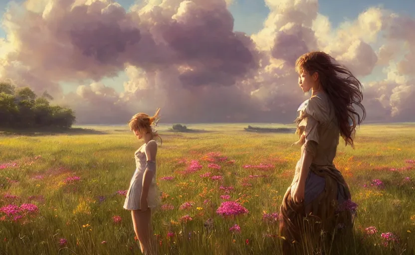 Image similar to detailed intricate digital illustration by greg rutkowski and artgerm and wlop and sanford robinson gifford ; girl standing in beautiful meadow with colorful flowers and puffy clouds in background ; 1 3 mm film, arri alfa anamorphic lens ; sharp focus, golden hour lighting, trending on artstation 4 k ; close view