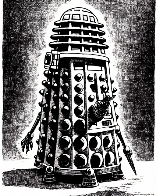 Image similar to a dalek as a d & d monster, pen - and - ink illustration, etching, by russ nicholson, david a trampier, larry elmore, 1 9 8 1, hq scan, intricate details, high contrast, no background