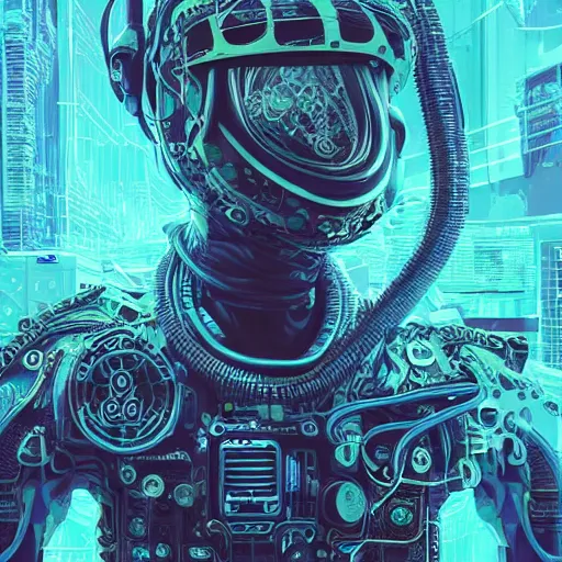 Image similar to portrait of a squid monster astronaut. full body portrait, intricate abstract. cyberpunk, intricate artwork. neon eyes, by Tooth Wu, wlop, beeple. octane render, trending on artstation, greg rutkowski very coherent symmetrical artwork. cinematic, hyper realism, high detail, octane render, 8k, minimalistic, hyperrealistic surrealism, award winning masterpiece with incredible details, a surreal vaporwave liminal space, highly detailed, trending on ArtStation