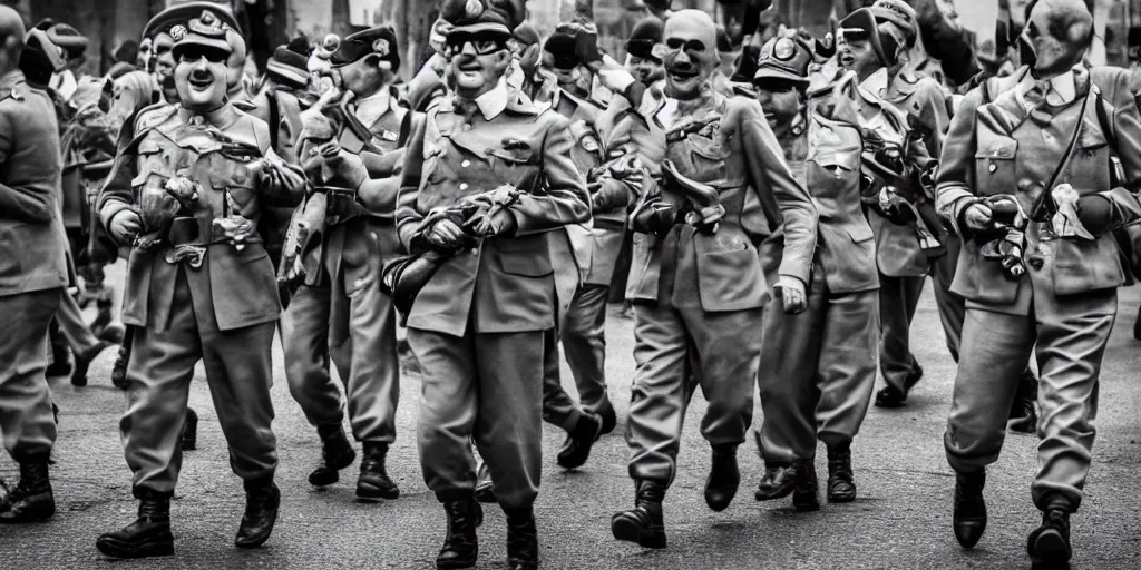 Image similar to german forces as minions from despicable me winning world war 2 and parading through berlin, hyper realistic, award winning photo, award winning, sharp focus, black and white