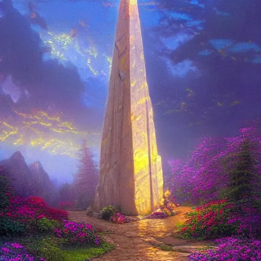 Prompt: a beautiful matte painting of colorful giant glowing crystal obelisks in serene landscape by thomas kinkade, ted nasmith and Albert Bierstadt, featured on Artstation.