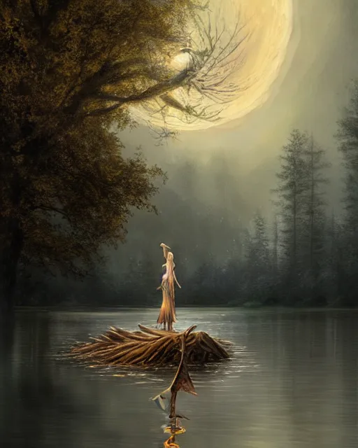 Image similar to 'lady of the lake' raising excalibur in the middle of a lake under a giant full moon, rippling reflections, trees and falling leaves, art by Raymond Swaziland and Greg Rutkowski, D&D, high fantasy, romantic, highly detailed, digital painting, trending on artstation, concept art, golden ratio, sharp focus, masterpiece