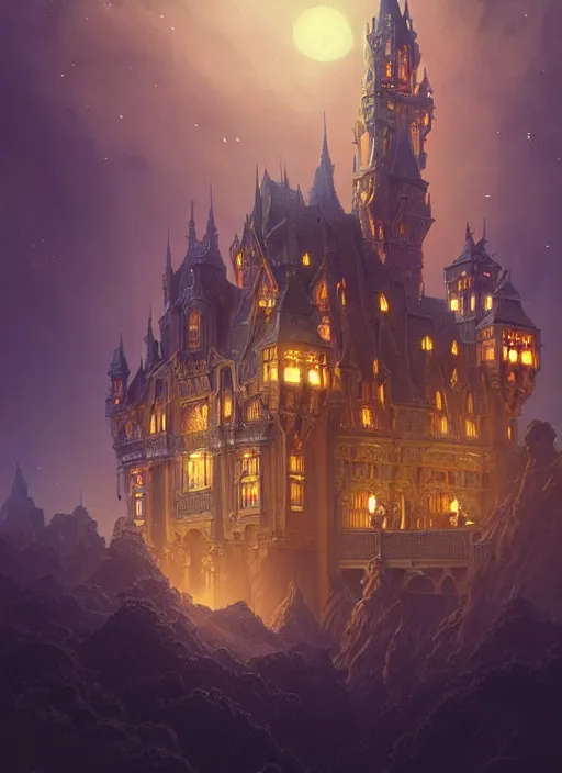 Prompt: an imposing and highly ornamented fantasy castle with arches and bridges at night with a sky full of stars, cinematic view, epic sky, detailed, concept art, low angle, high detail, warm lighting, volumetric, godrays, vivid, beautiful, trending on artstation, by jordan grimmer, huge scene, grass, art greg rutkowski and alphonse mucha