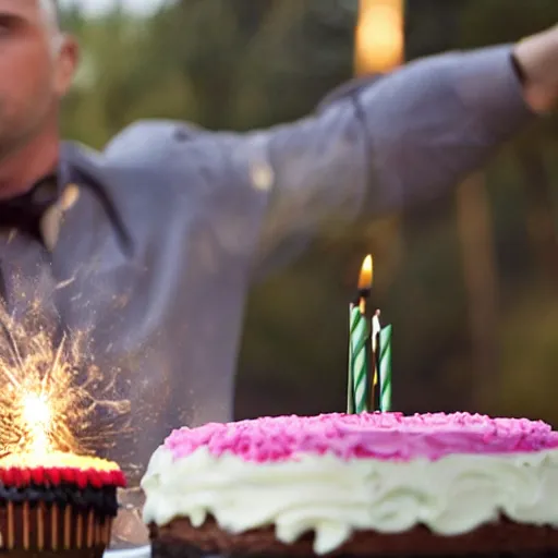 Image similar to someone blowing out a birthday cake, photorealistic, 3 5 degree shot, movie still