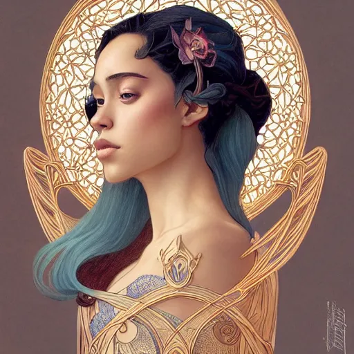 Prompt: beautiful detailed picture of doja cat, radiant light, art nouveau, intricate, elegant, highly detailed, my rendition, digital painting, artstation, concept art, smooth, sharp focus, illustration, art by artgerm and greg rutkowski and alphonse mucha