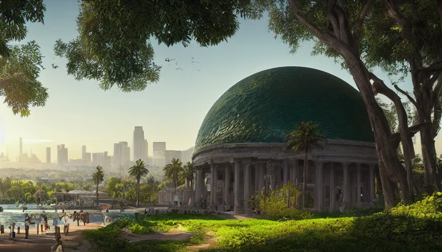 Prompt: giant green museum dome built in los angeles with parks, bench and water with city of los angeles very far away in the background, sunny day, hyperdetailed, artstation, cgsociety, 8 k