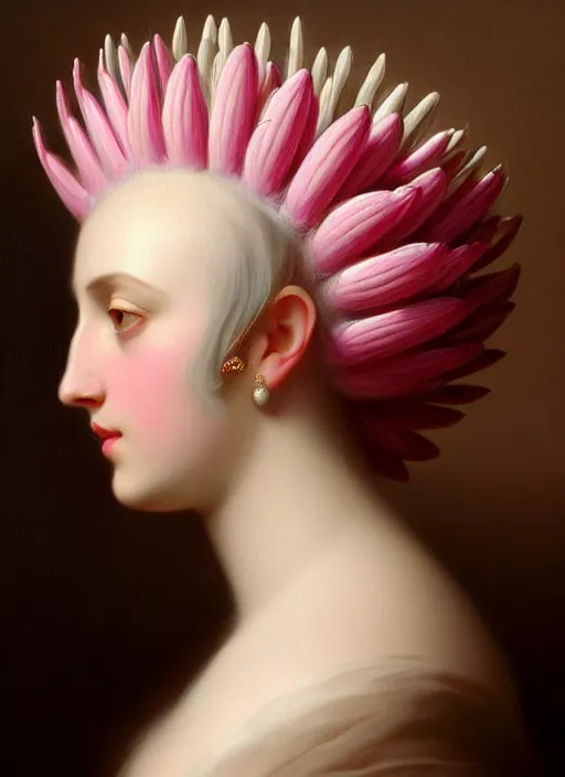 Image similar to stunning italian godess princess, detailed pink and white protea head peace against a black backdrop by ivan aivazovsky, wlop, super sharp details, photorealism, 5 0 mm lens, oil painting, beautiful soft lighting, muted colours, artstation