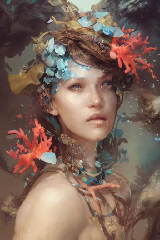 Image similar to face closeup of beautiful girl covered with coral reef and ice, 3 d render, hyper realistic detailed portrait, holding magic flowers, ruan jia, wlop. scifi, fantasy, hyper detailed, octane render, concept art, by peter mohrbacher, by wlop, by ruan jia