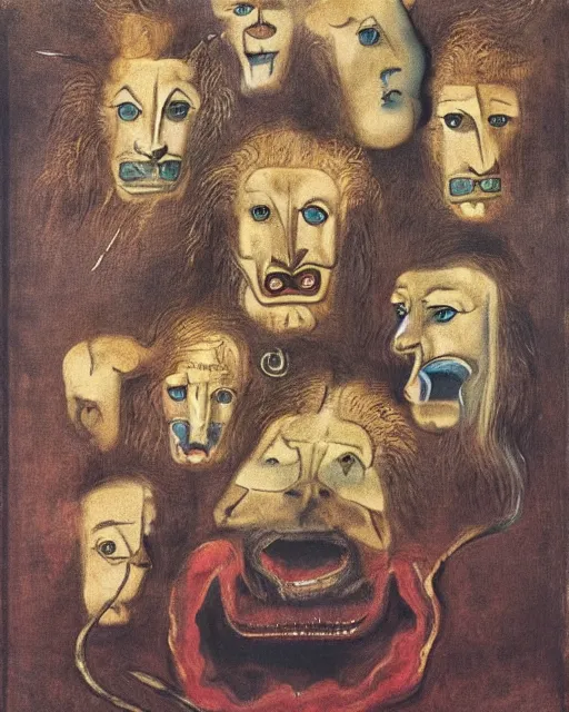 Image similar to a creature with four heads. one human head, second eagle head, third lion head, fourth ox head. drawn by francis bacon