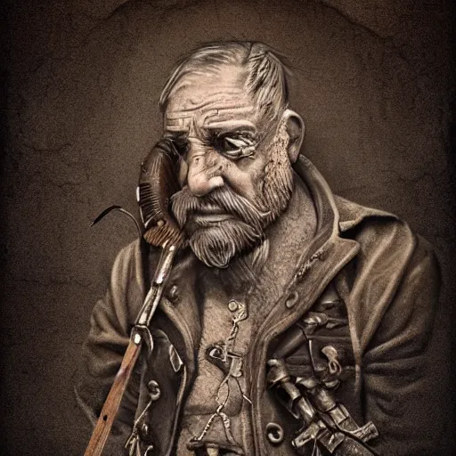 Image similar to a portrait of an old man who is a captain of a boat, weathered, in the style of steampunk, tattoo of boat on chest, holding a spear, retro, with beard and scar on face. trending on artstation, ambient lighting, 4k render, ultra hd:: behance art