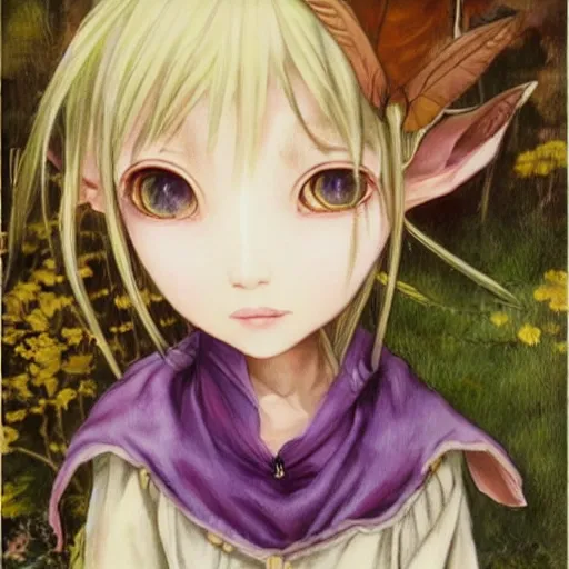 Prompt: little elf tomboy, tunic, soft hair. light color palate, purple, yellow and white. detailed soft painting, ayami kojima, made in abyss, anatomically correct, inspired in balthus