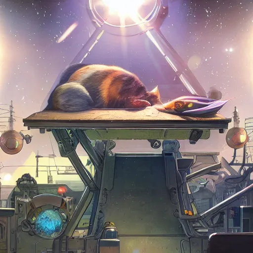 Image similar to an alien space cat sleeping on a mechanics workbench while their owner repairs in a spaceport in a fantasy ghibli animated film, volumetric lighting, octane render by stanley artgerm lau, greg rutkowski, studio ghibli, alphonse mucha, loish, norman rockwel, highly detailed, warm lighting, lens flare - w 7 0 4