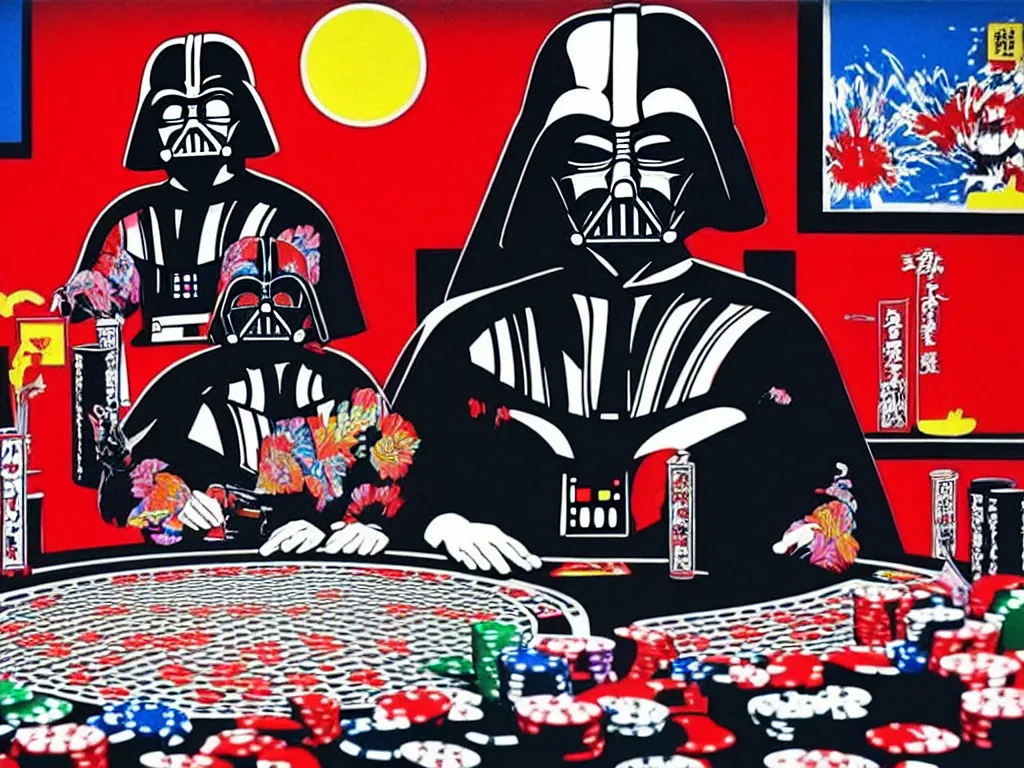 Image similar to hyper - realistic composition of a room with an extremely detailed poker table, croupier in traditional japanese kimono standing nearby, darth vader sitting at the table, fireworks in the background, pop art style, jackie tsai style, andy warhol style, acrylic on canvas