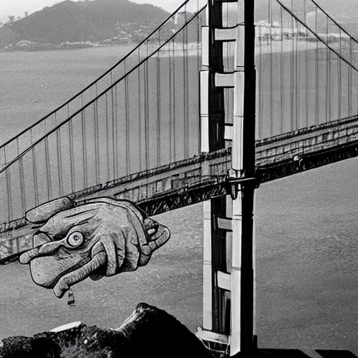 Prompt: 1 9 7 0 s, movie still frame, black and white, photorealistic highly detailed, 8 k, sit - com, body - horror, chtulhu monster emerges in san francisco bay